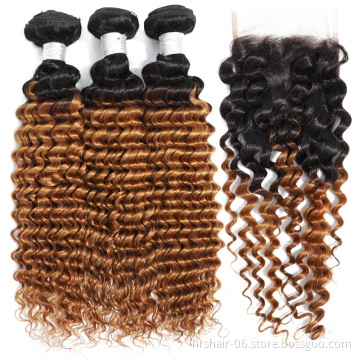 1B 27 Deep Wave Ombre Human Hair Bundles With Lace Closure 2 Tone Colored Blonde Brazilian Virgin Curly Ombre hair bundle